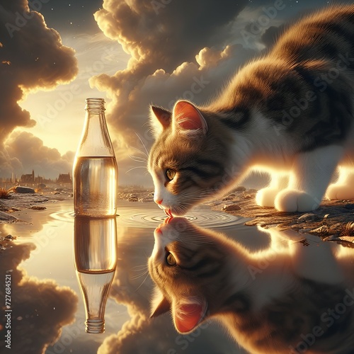 Cat, drinking water, outdoors, high quality image, Thirsty cat, lapping water,