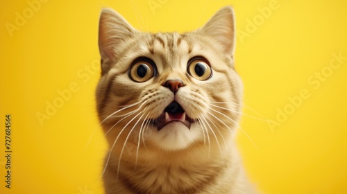 the cat looks up on a yellow background, front view. Cute young cat looks great