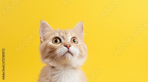 the cat looks up on a yellow background, front view. Cute young cat looks great photo