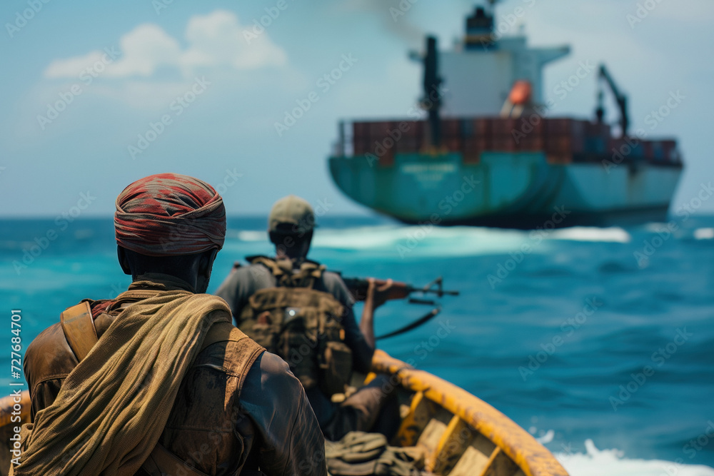 Fototapeta premium Armed pirates attack container ships at sea