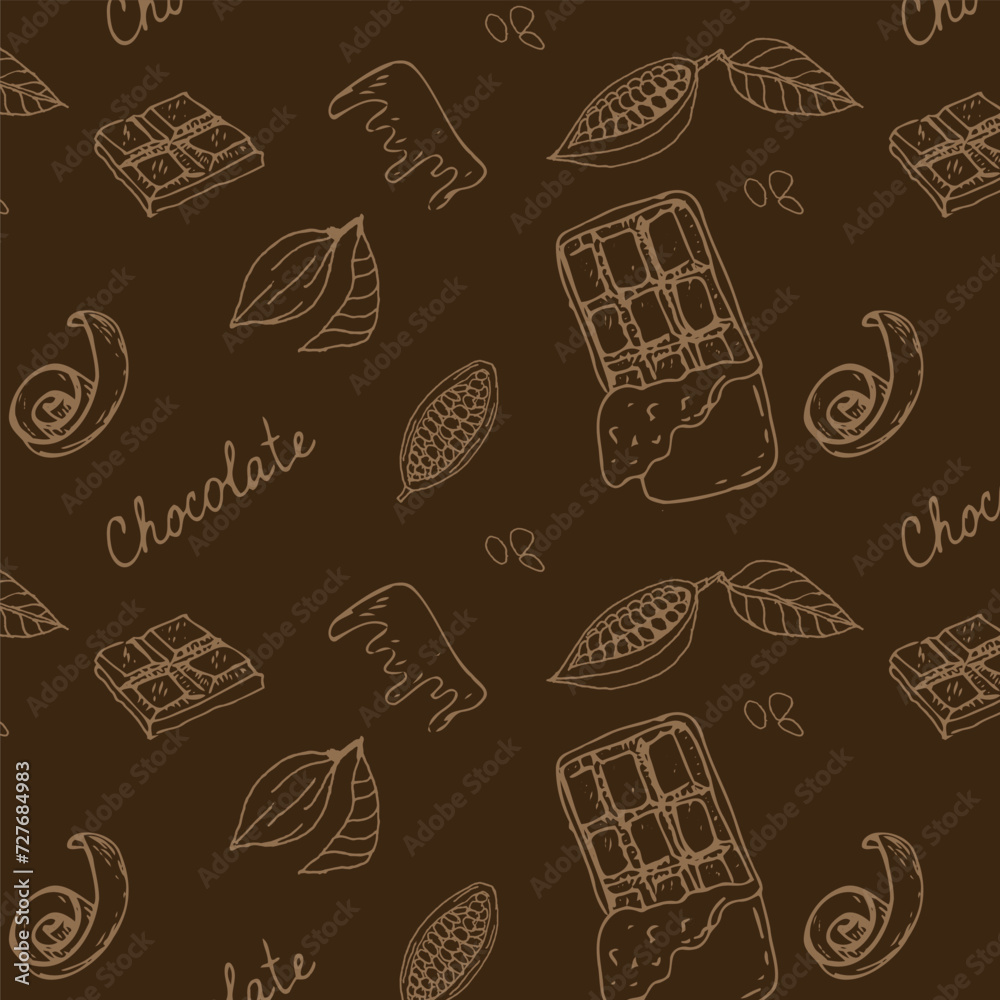 Cocoa beans doodle sketch and chocolate dark background. Vector illustration isolated. Hand drawn outline vector illustration. Suitable for wrapping, packaging, poster. Chocolate sliced, chips and