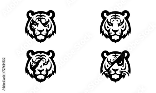 tigr face having scar on right eye mascot logos set  , blck and white tiger mascot logos set photo