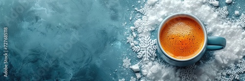 a cup of hot coffee with frosted snowflakes around it, in the style of photo-realistic still life