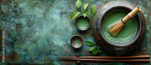 A cup of matcha tea with a traditional bamboo whisk, Japanese tea ceremony style photo