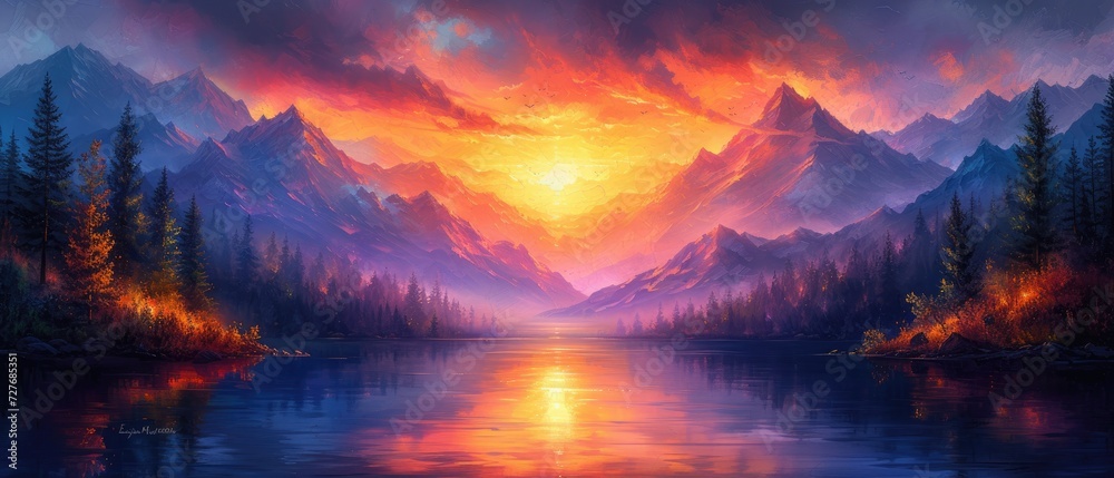 A serene mountain landscape at sunset with vibrant colors, landscape painting style, warm oranges and purples