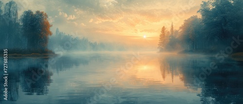 A serene lakeside scene at sunrise with mist on the water, landscape painting style, soft orange and cool blue