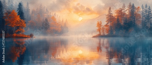 A serene lakeside scene at sunrise with mist on the water, landscape painting style, soft orange and cool blue