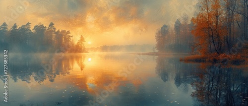 A serene lakeside scene at sunrise with mist on the water  landscape painting style  soft orange and cool blue