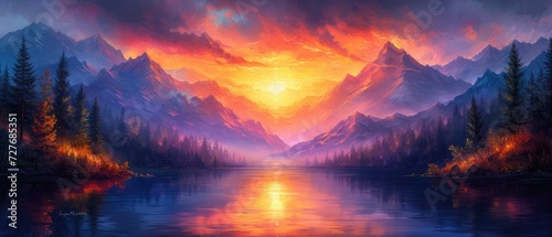 A serene mountain landscape at sunset with vibrant colors  landscape painting style  warm oranges and purples
