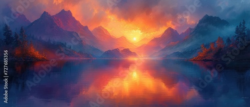 A serene mountain landscape at sunset with vibrant colors, landscape painting style, warm oranges and purples