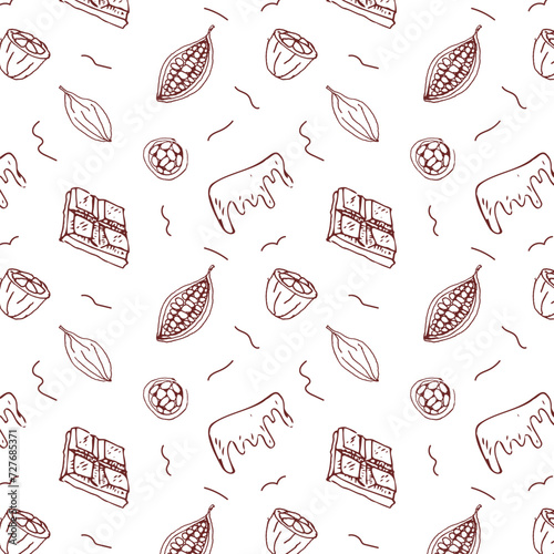 Cocoa beans doodle sketch and chocolate background. Vector illustration isolated. Hand drawn outline vector Suitable for wrapping, packaging, poster. Chocolate sliced and cacao beans