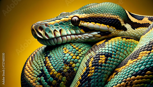 A close-up front view of a python, on a yellow background