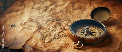 A vintage compass on a tattered map, exploration theme, sepia with a hint of gold