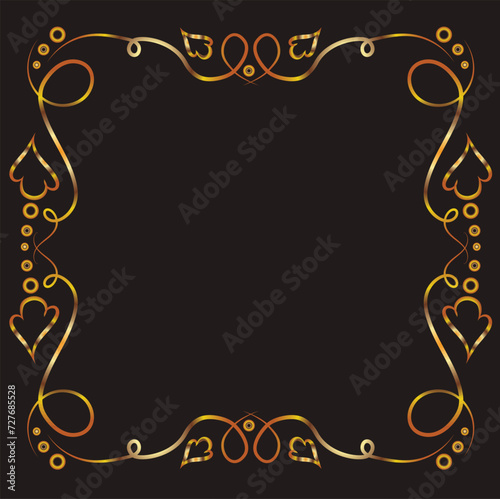 Fantasy ornament with leaves, ovals and curls. Symmetrical ornament, square, applique, background with space for inscription. Gold gradient on a black background for printing on fabric, applique and c