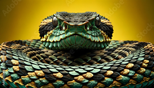 A close-up front view of a viper, on a yellow background