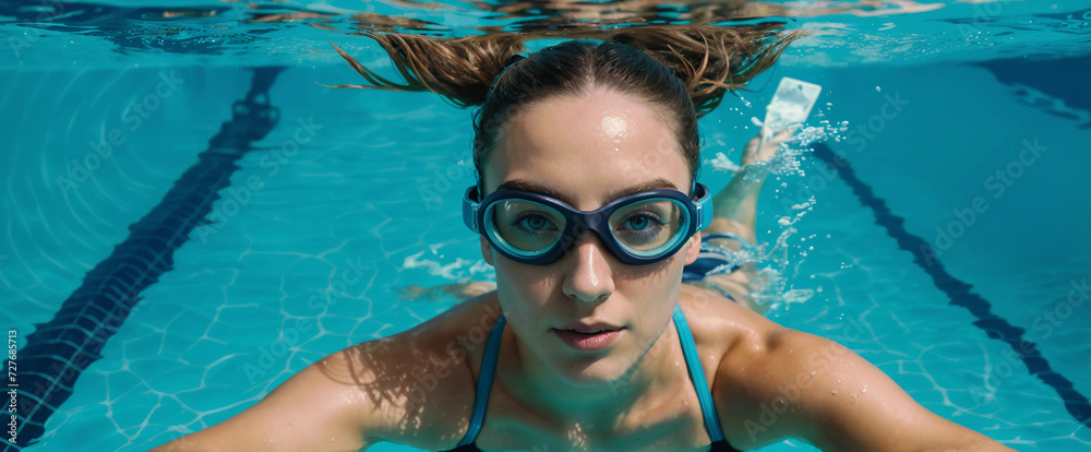 Fototapeta premium woman selfie in swimming pool
