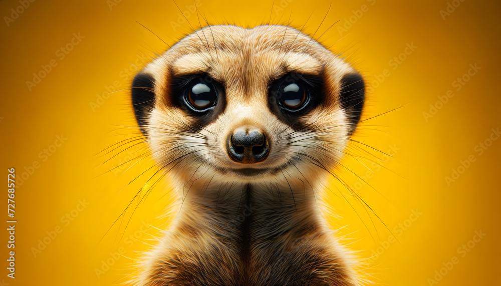 A close-up front view of a meerkat on a yellow background A close-up front view of a meerkat on a yellow background