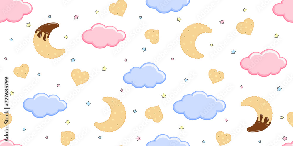 Pink and blue clouds, chocolate topped cookie crescent moons and cookie hearts on a white background with small colored stars. Kids endless texture with sweet sky. Vector seamless pattern for giftwrap Pink and blue clouds, chocolate topped cookie crescent moons and cookie hearts on a white background with small colored stars. Kids endless texture with sweet sky. Vector seamless pattern for giftwrap