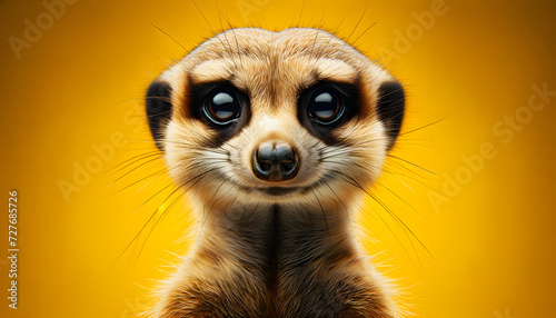 A close-up front view of a meerkat on a yellow background