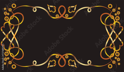 Fantasy ornament with leaves, ovals and curls. Symmetrical ornament, applique, background with space for inscription. Gold gradient on a black background for printing on fabric, applique and cards.