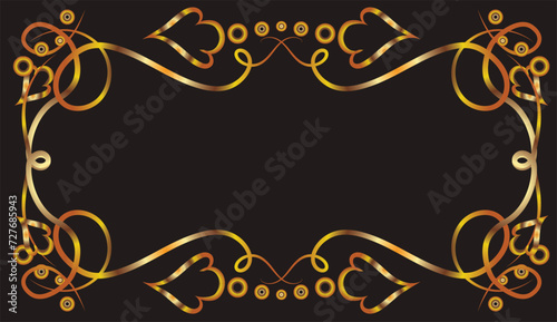 Fantasy ornament with leaves, ovals and curls. Ornament, applique, background with space for an inscription. Gold gradient on a black background for printing on fabric, applique and cards.