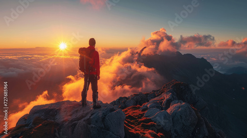 A climber stands at the top of a mountain enjoying the warm light of the rising sun © boxstock production