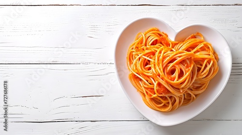 Pasta in heart shaped plate on wooden table with copy space. cooked spaghetti with tomatoes photo
