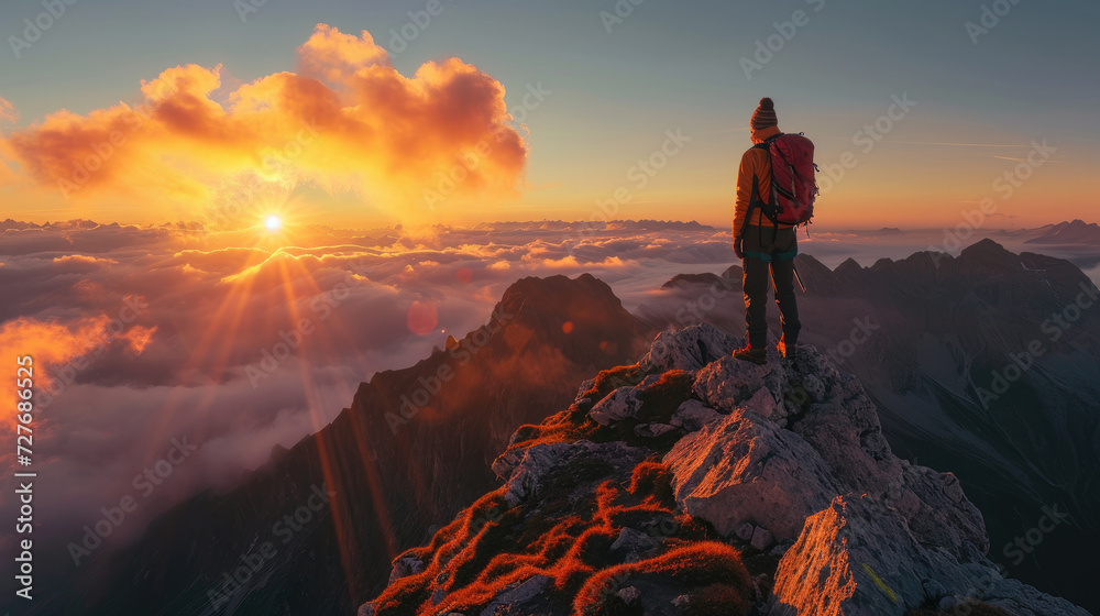 A climber stands at the top of a mountain enjoying the warm light of the rising sun