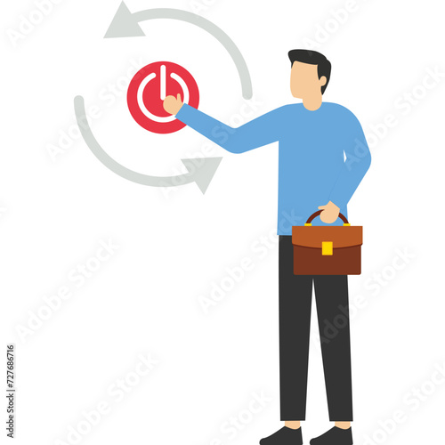 Concept of rebooting business or career, businessman carefully reaching his finger to press reboot or restart button, refreshing work energy or resuming the new journey, changes to increase output.