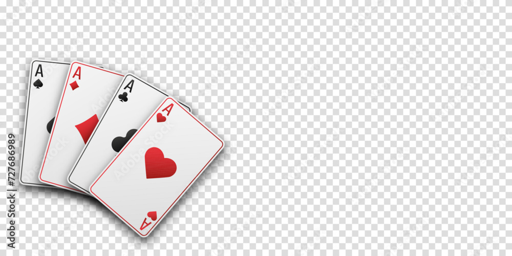 Obraz premium Fan of hand playing cards. Four aces with the suit of hearts, clubs, diamonds and spades. Vetor illustration. Poker or casino concept. Transparent background.