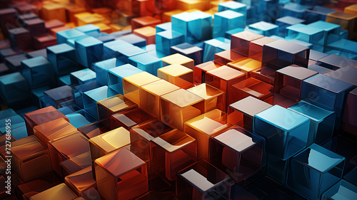 3D digital artwork of a complex array of cubes in warm and cool tones  creating an abstract pattern with a sense of depth and dimension.Background concept. AI generated.