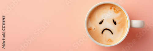 Nahaufnahme - Draufsicht auf eine Kaffeetasse mit traurigem Gesicht auf dem Milchschaum auf pfirsichfarbenen Hintergrund - emotionale Pause im Alltag - Stimmung am Morgen photo