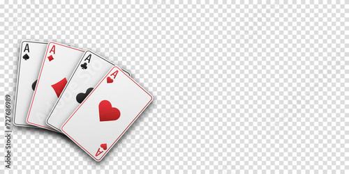 Fan of hand playing cards. Four aces with the suit of hearts, clubs, diamonds and spades. Vetor illustration. Poker or casino concept. Transparent background.