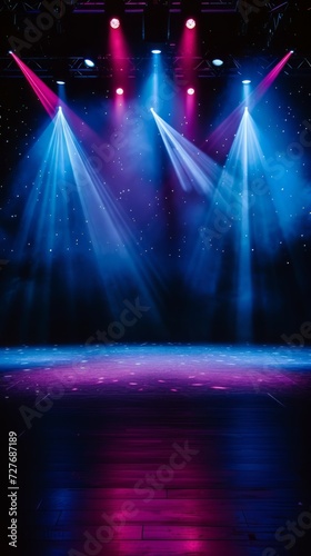 Stage Lights on Empty Stage illuminated by spotlights. An empty stage club with bright stage lights and lights beams through a smokey atmosphere background. Generative ai