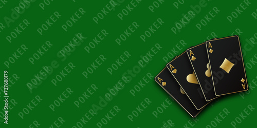 Green Poker table background. A hand fanned of playing cards consisting Ace of Spades, Diamonds, Clubs, Hearts. Vector illustration Poker of all the aces.