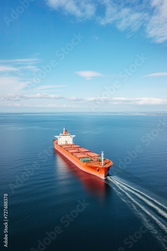 Aerial top view of cargo ship in sea.