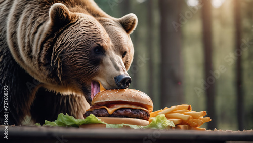 a bear eating a hamburger with a bite out of it's mouth and sitting in front of a plate of fries
