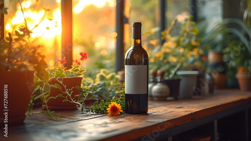 Mockup. A bottle of wine on the tabletop. Setting sun. Summer garden.