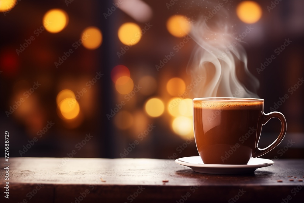 Closeup of a steaming coffee mug with bokeh background Closeup of a steaming coffee mug with bokeh background