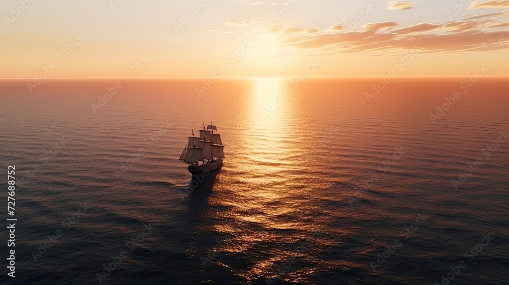 Small sailing ship in the open sea at sunset. Navigation in the 17th century. A majestic 17th-century sailing ship, gracefully navigating the open seas with its billowing sails and intricate rigging.