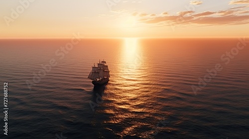 Small sailing ship in the open sea at sunset. Navigation in the 17th century. A majestic 17th-century sailing ship, gracefully navigating the open seas with its billowing sails and intricate rigging.