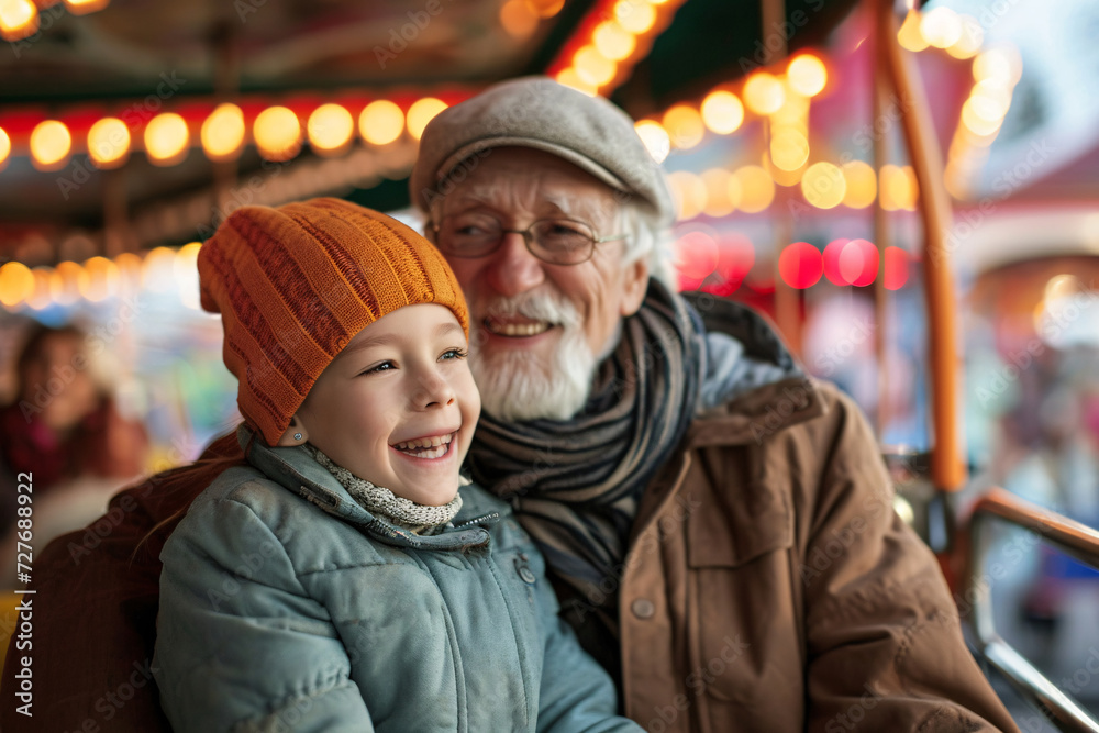 A young girl with her grandfather on a fairground ride. Both are enjoying the ride.