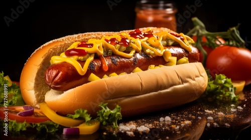 A delicious hot dog with ketchup and mustard.