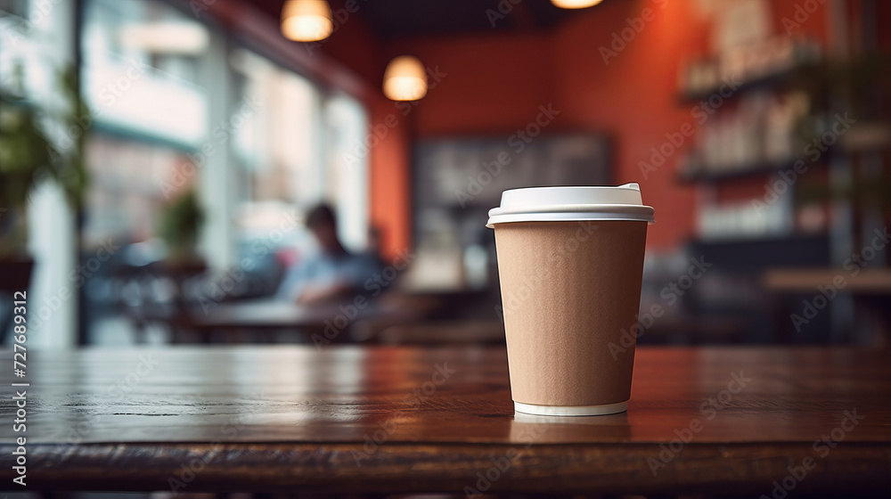 Paper cup of coffee on a wooden table in a coffee shop. Space for text and design. Paper cup of coffee on a wooden table in a coffee shop. Space for text and design.