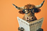 Bull with glasses reading newspaper. AI generative art