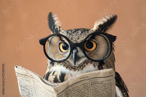 Owl with glasses reading newspaper. AI generative art