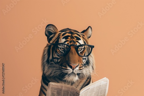 Tiger with glasses reading newspaper. AI generative art photo