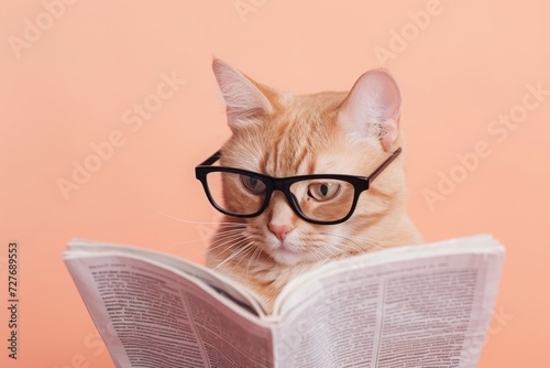 Cat with glasses reading newspaper. AI generative art © Drpixel