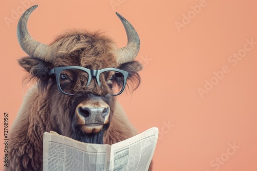 Bison with glasses reading newspaper. AI generative art