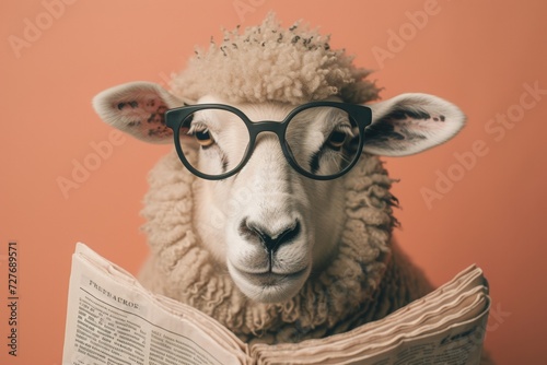 Sheep with glasses reading newspaper. AI generative art